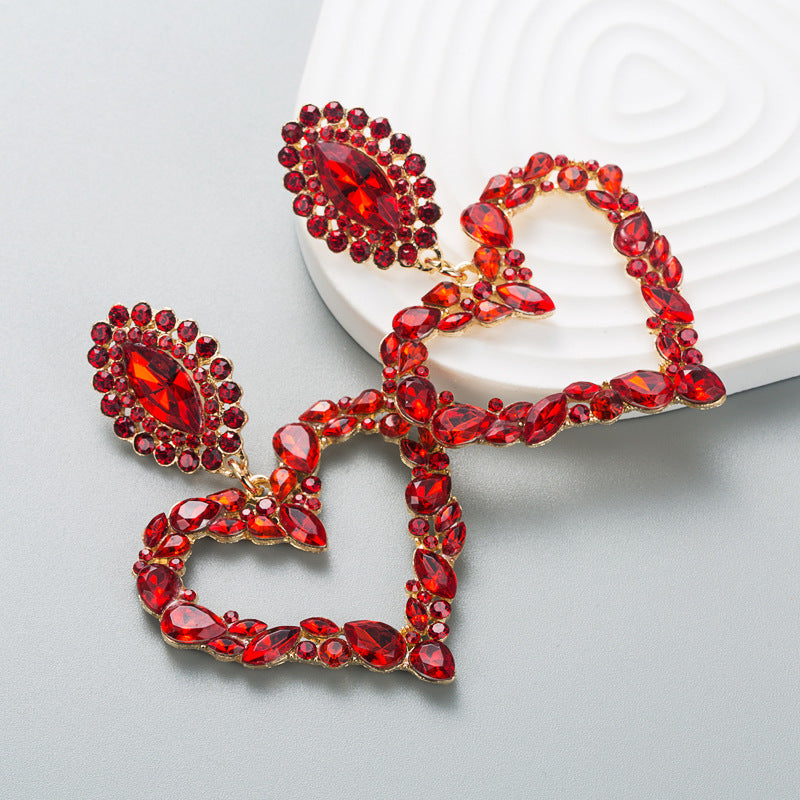 Heart-Shaped Alloy Set Rhinestone Red Earrings Exaggerated Earrings Women's Full Diamond Earrings