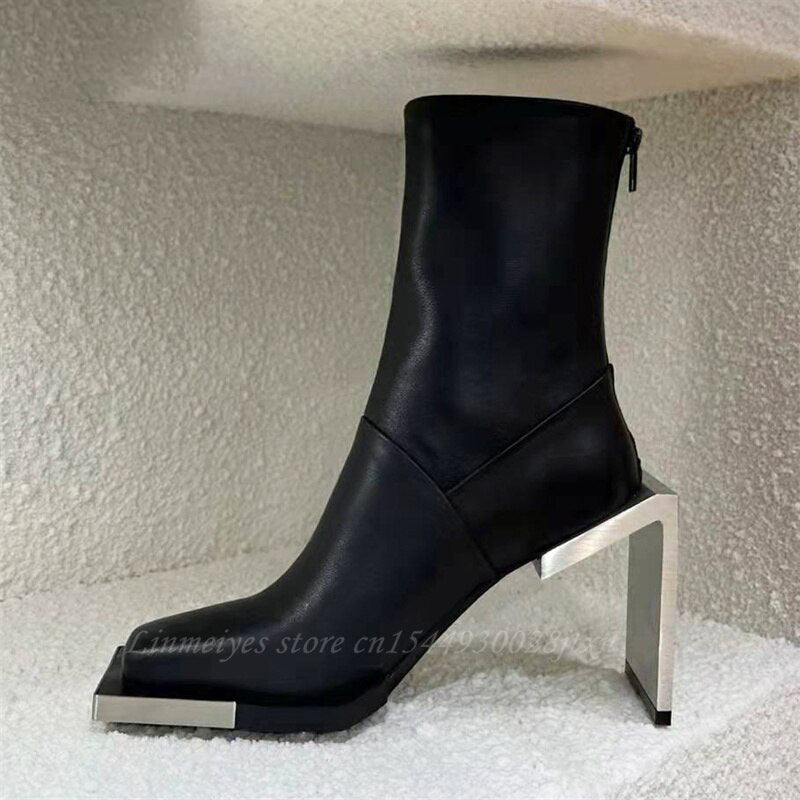 Black Boots Women Silver Square Toe Stretch Boots Female High Heels Runway Shoes Strange Style Heel Ankle Boots