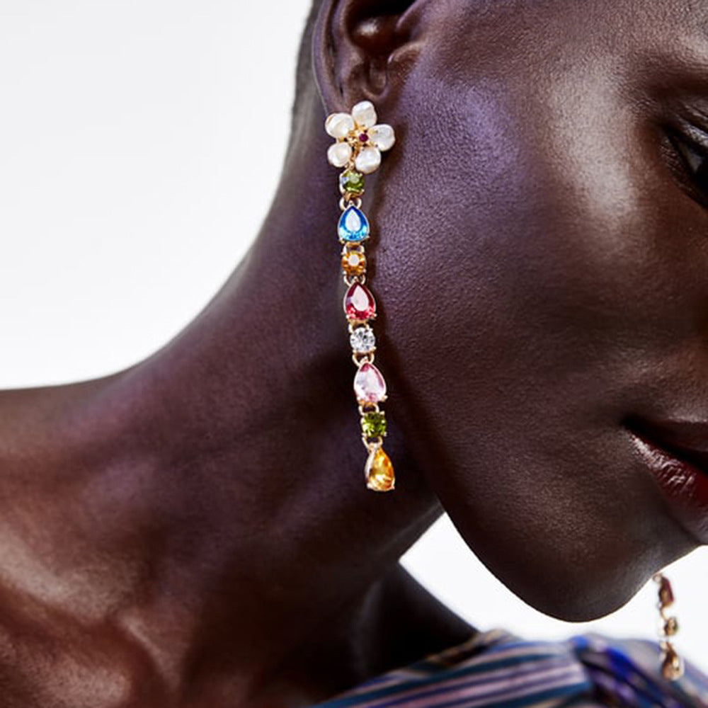 New Fashion Long Colored Diamond Earrings For Women Exaggerated Pearl Flower Earrings Creative Alloy Earrings