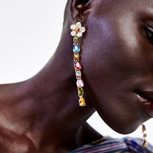 New Fashion Long Colored Diamond Earrings For Women Exaggerated Pearl Flower Earrings Creative Alloy Earrings