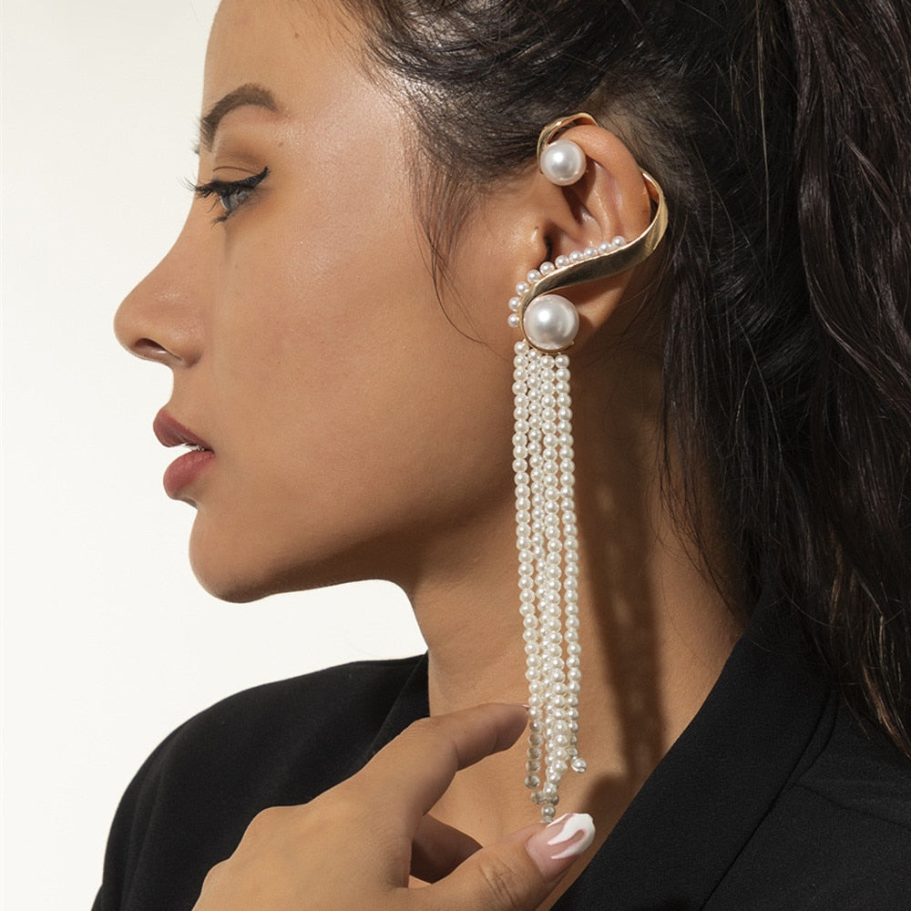 One Piece Korean Long Tassel Earrings Girls No Ear Piercing Full Pearl Big Clip Earrings For Women Gift Jewelry Ear Cuff