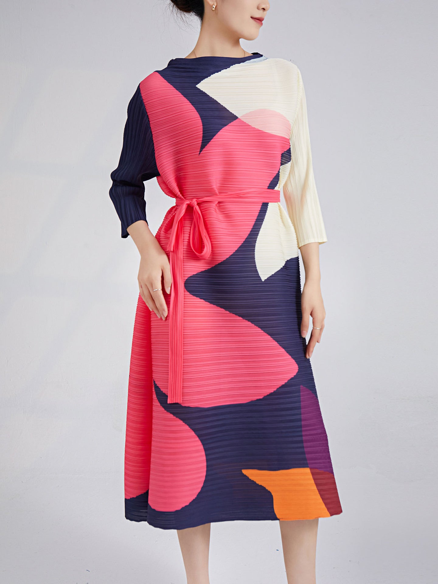 Pleated Belt Dress For Women Round Neck Long Sleeves Contrast Color Elegant Dresses Female Clothing