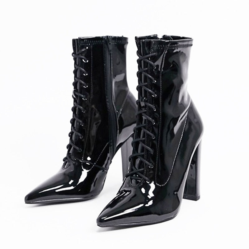 Black Patent Leather Pointed Toe Thick High Heel Short Boots Lace Up Side Zipper Large Ankle Boots Winter New Style