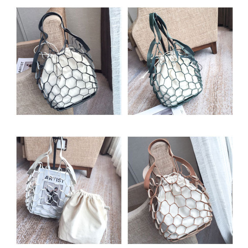 Yesello Personality Hollow Bag Beach Net Drawstring Combination Shoulder Bag Summer Totes Hand Bags Travel Handbags