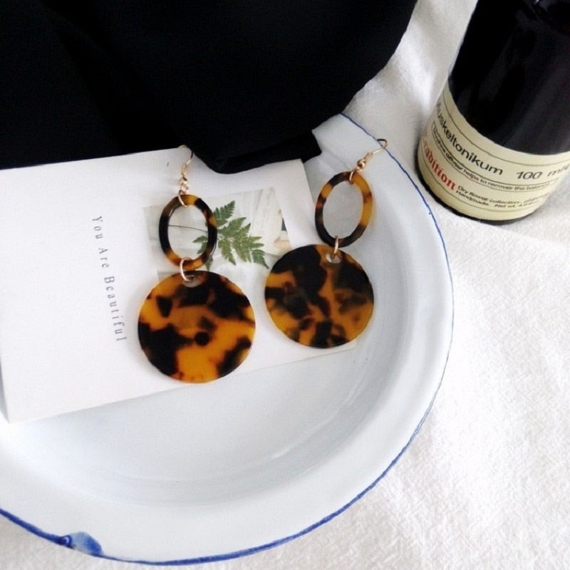 Leopard Acetate Earrings Personality Geometric Round Brown Acrylic Long Gangle Earrings