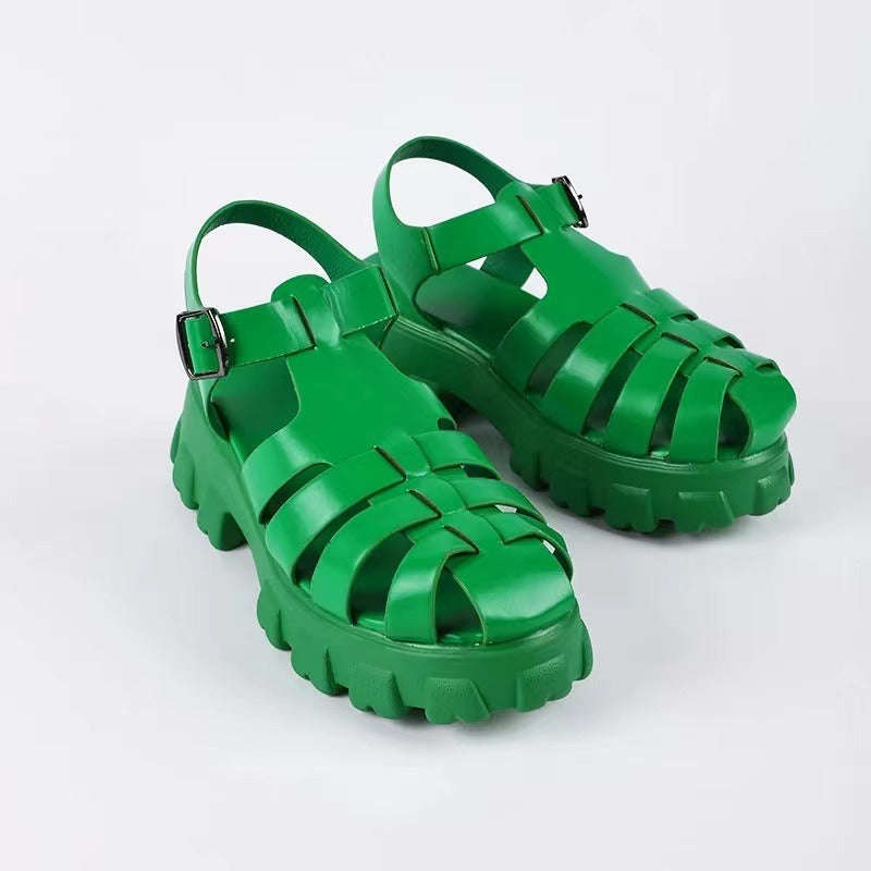 Flat Thick Sole Plastic Beach Sandals Women Round Toe Ankle Buckle Platform Sandalias
