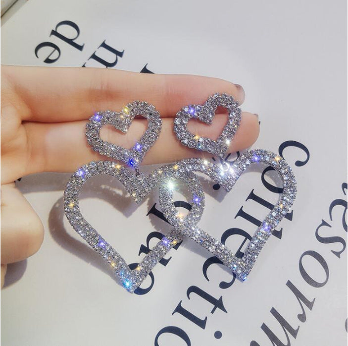 S925 Silver Needle Stud  Fashion Exaggerated Diamond Double Heart Earrings Temperament Versatile Long Peach Heart Earrings Women