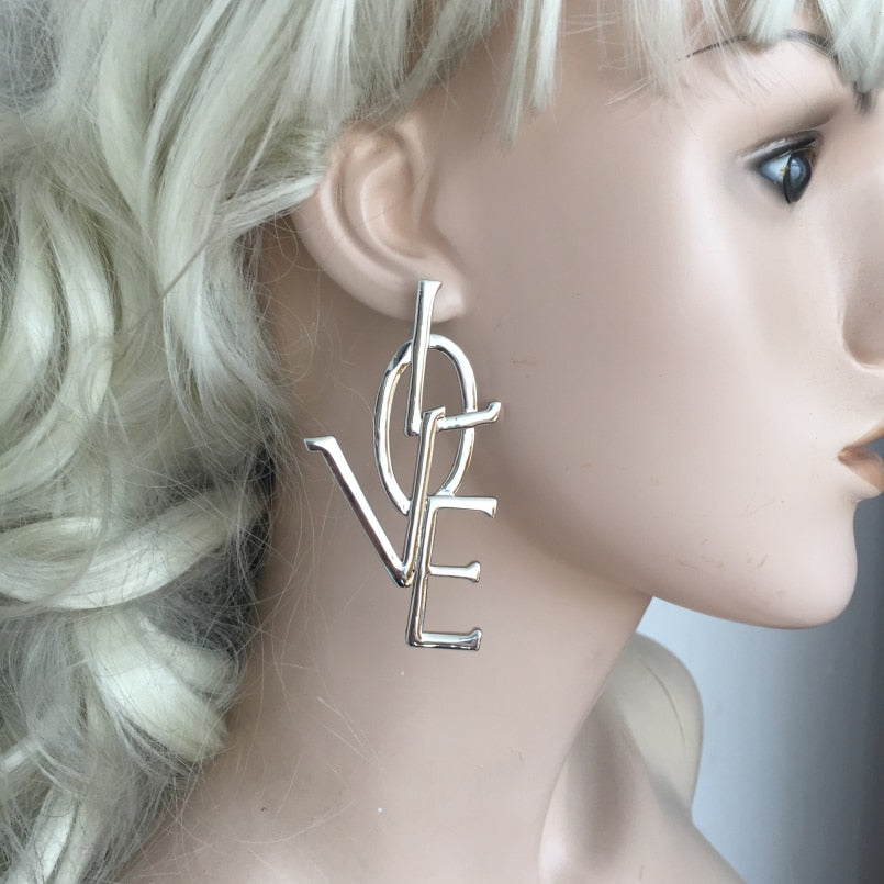 Unique Design Gold Color Letter Love Big Stud Earrings Women Metal Statement Earrings Name Jewelry
