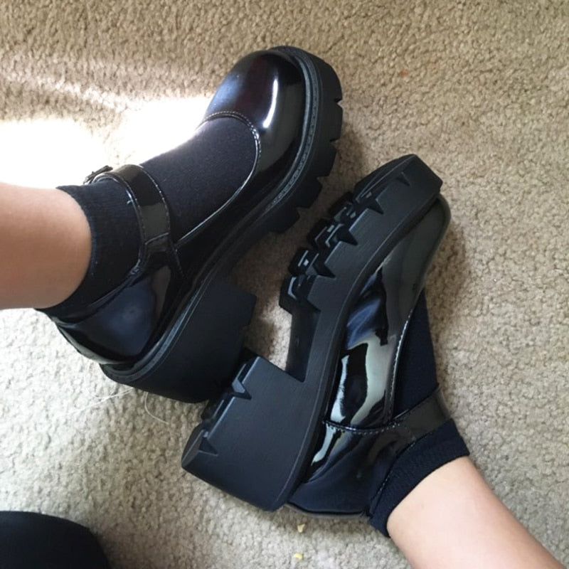 Rimocy New Black High Heels Shoes Women Pumps Fashion Patent Leather Platform Shoes Woman Round Toe Mary Jane Shoes Mujer