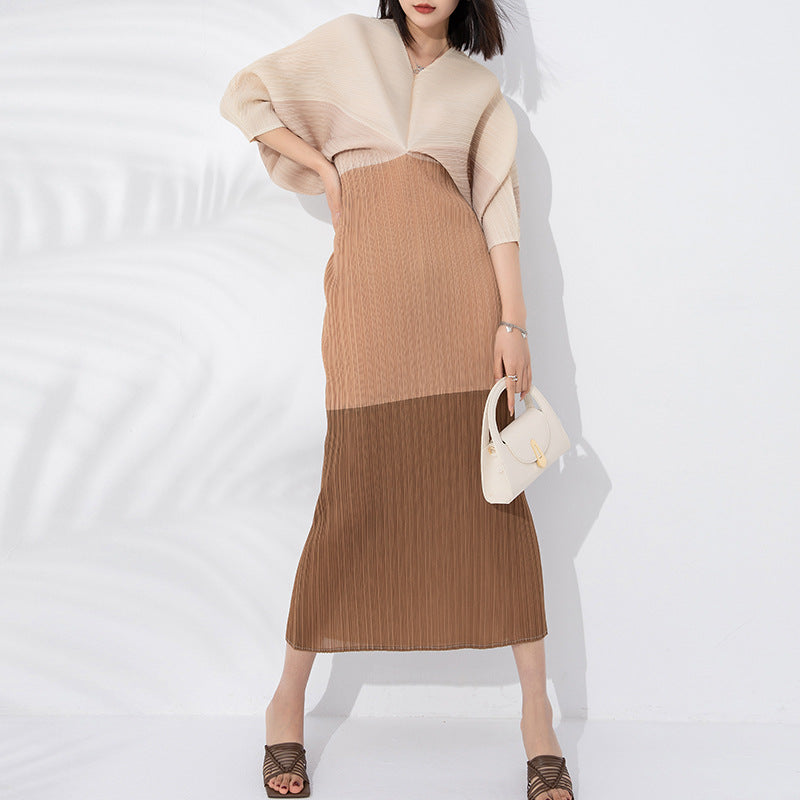 Elegant Pleated Dress For Women V-neck Batwing Sleeves Contrast Color Patchwork Dresses Female Clothes