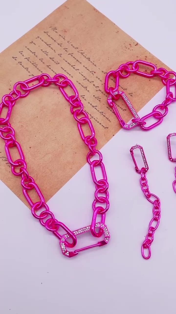 Kenjay Digital Color Thick Chain Fushica Pink Chunky Chain Earrings Necklace Bracelet Set