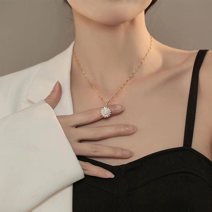 Rotating Sunflower Necklace with Full Diamond Daisy Collar Chain Female