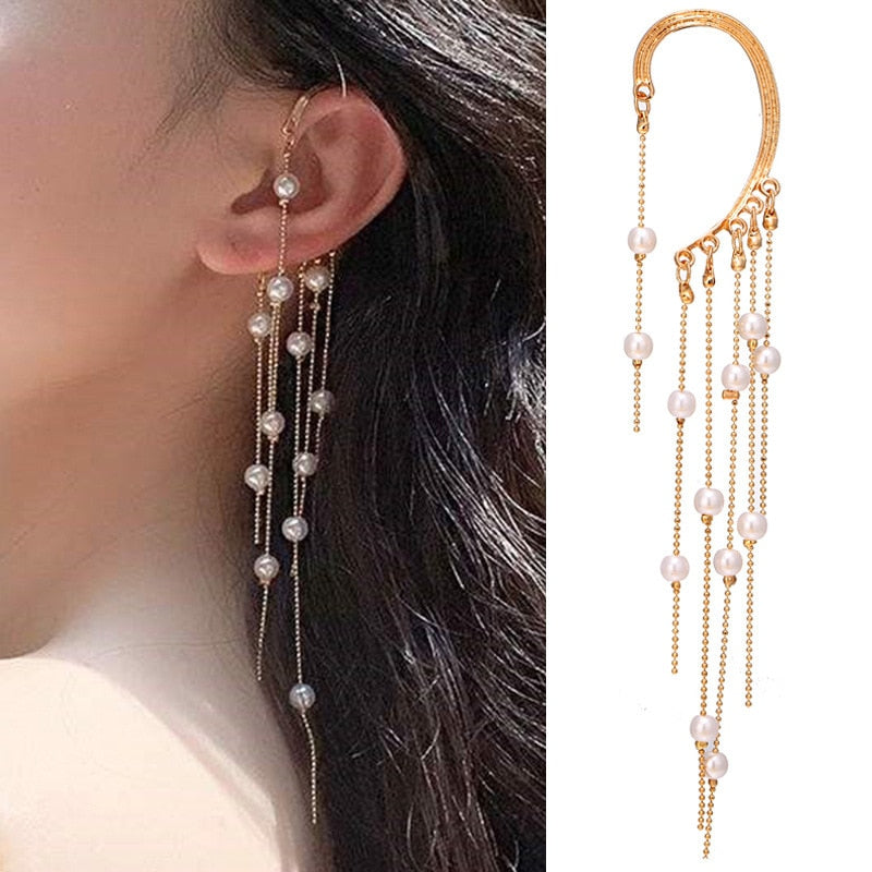 One Piece Korean Long Tassel Earrings Girls No Ear Piercing Full Pearl Big Clip Earrings For Women Gift Jewelry Ear Cuff
