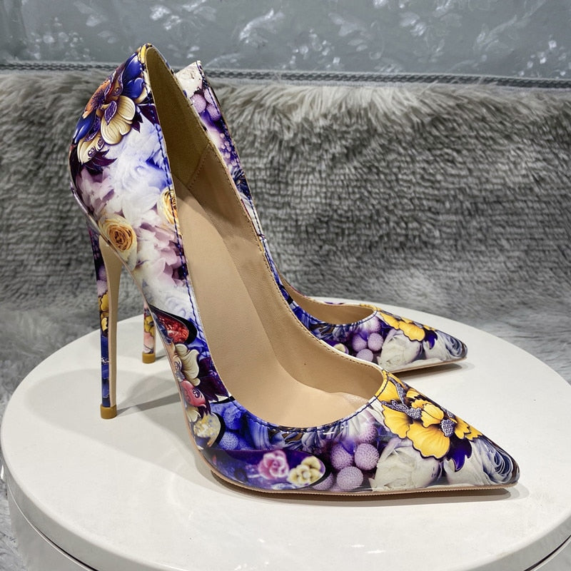 Veowalk Flowers Paiting Print Women Glossy Pointy Toe Stiletto Pumps Chic Designer Ladies Slip On High Heel Shoes for Party