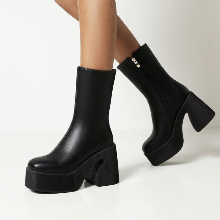 Cow Pattern Colorblock Platform Chunky High Heel Women's Mid Boots