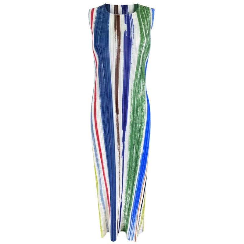 Pleated Striped Print Long Dress Jacket Two Piece Sets Korean Fashion Women Formal Dress Suits