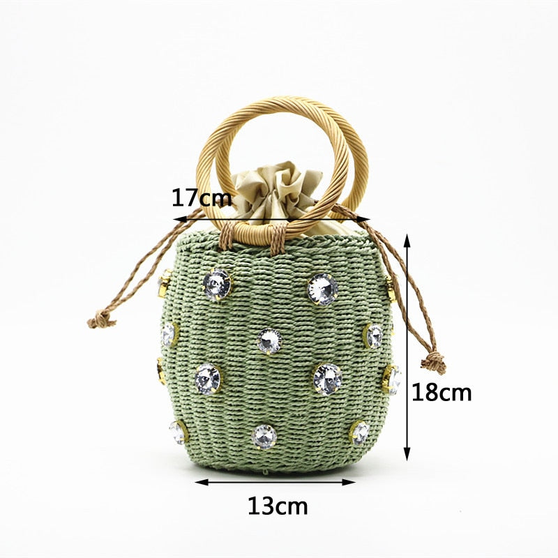 Handmade Rhinestone Crystal Embellished Straw Bag Small Straw Bucket Bags Lady Travel Purses and Handbags