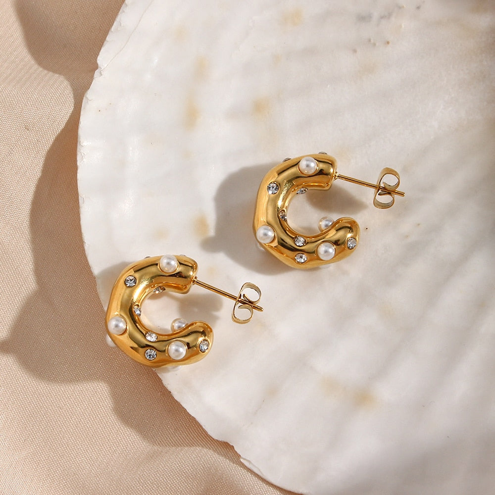 New Chunky Stainless Steel Gold Plated Earrings For Women Irregular Pearl Zircon Paved Thick Statement Earring Jewelry
