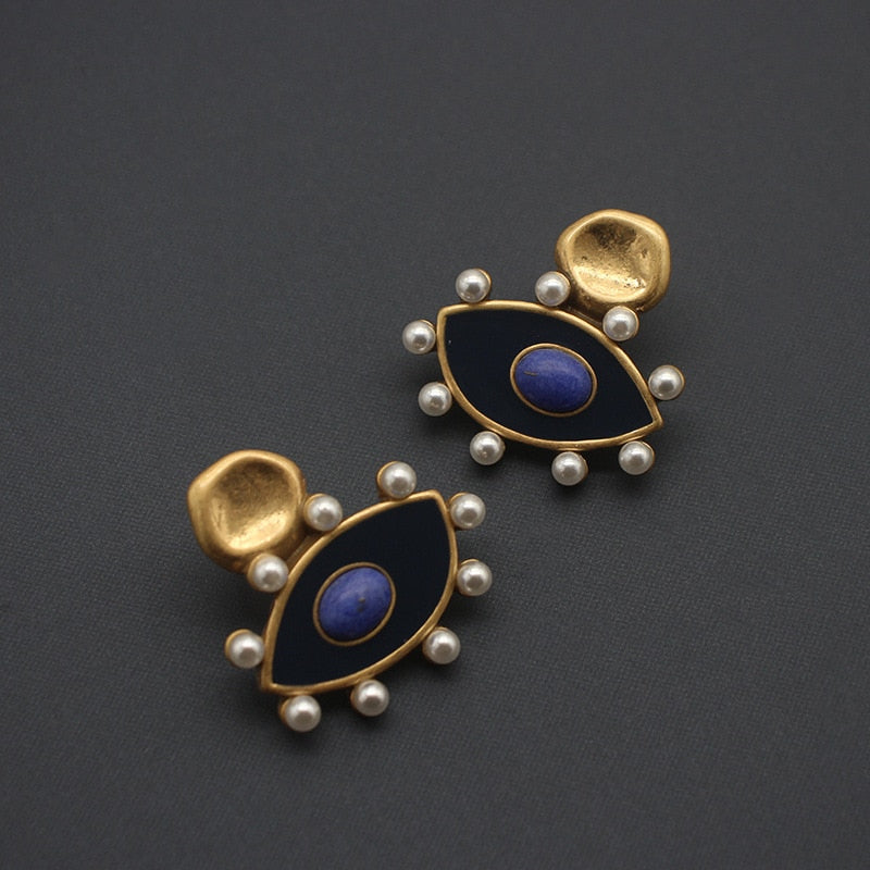 designer Eye enamel stone vintage pearl stud earrings for women new cool girls rock geometry punk piercing