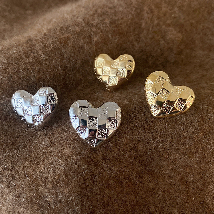 Checkerboard Gold Heart Earrings Female Niche Personality Simple All-Match Temperament Earrings