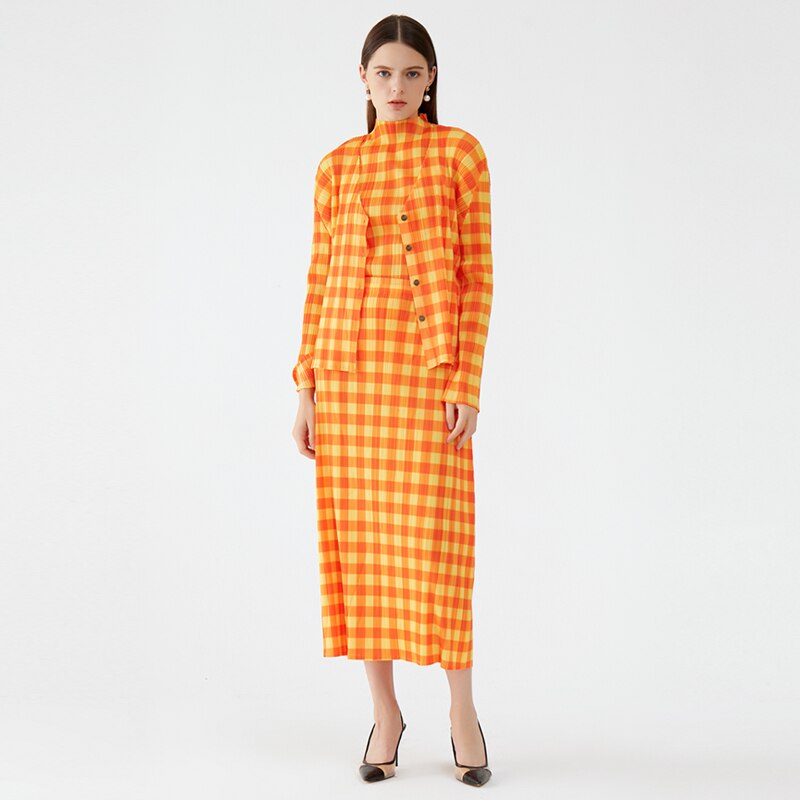 Pleated Orange Plaid Cropped Blazer Sets Winter Women 3 Piece Skirt Suits Elegant Aesthetic Clothes