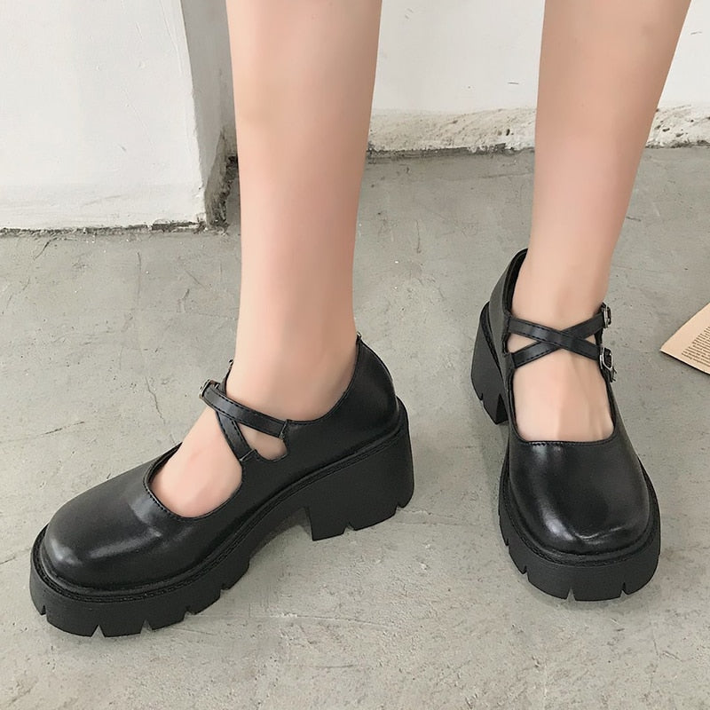 Rimocy New Black High Heels Shoes Women Pumps Fashion Patent Leather Platform Shoes Woman Round Toe Mary Jane Shoes Mujer