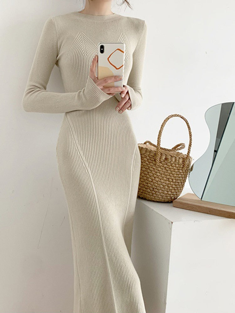 Women Fashion Simple Slim Dress Long Sleeve Solid O-Neck Woman Knitted Dress Autumn Vintage Mid-Calf Skinny Dress