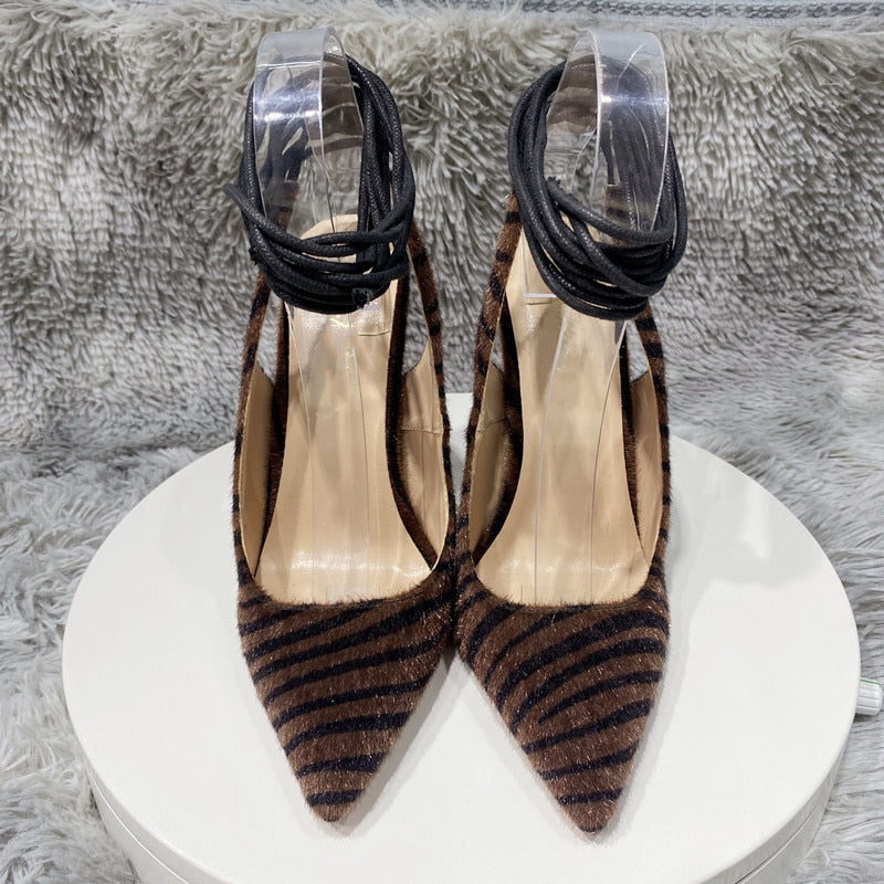 Dark Brown Hairy Zebra Women Pointed Toe Ankle Strap Slingbacks Stiletto Pumps Sexy Ladies Comfortable High Heel Shoes