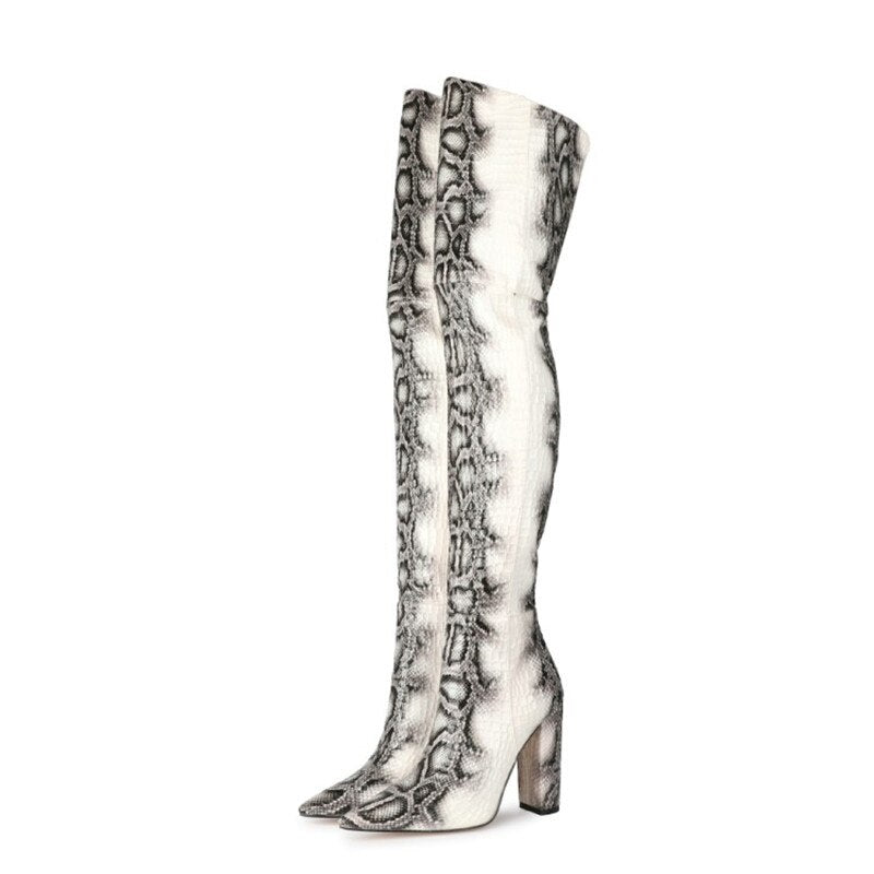 White Boots Women 11Cm Thick High Heel Snakeskin Boots Fashion Special Leather Winter Shoe Over The Knee Boots Stone Snake Print