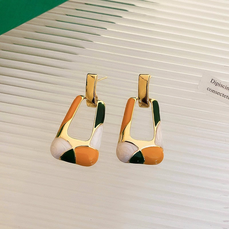 Minar Trapezoid Colorful Enamel Earring for Women Hollow Geometric Long Dangle Earrings Korean Style Party Jewelry