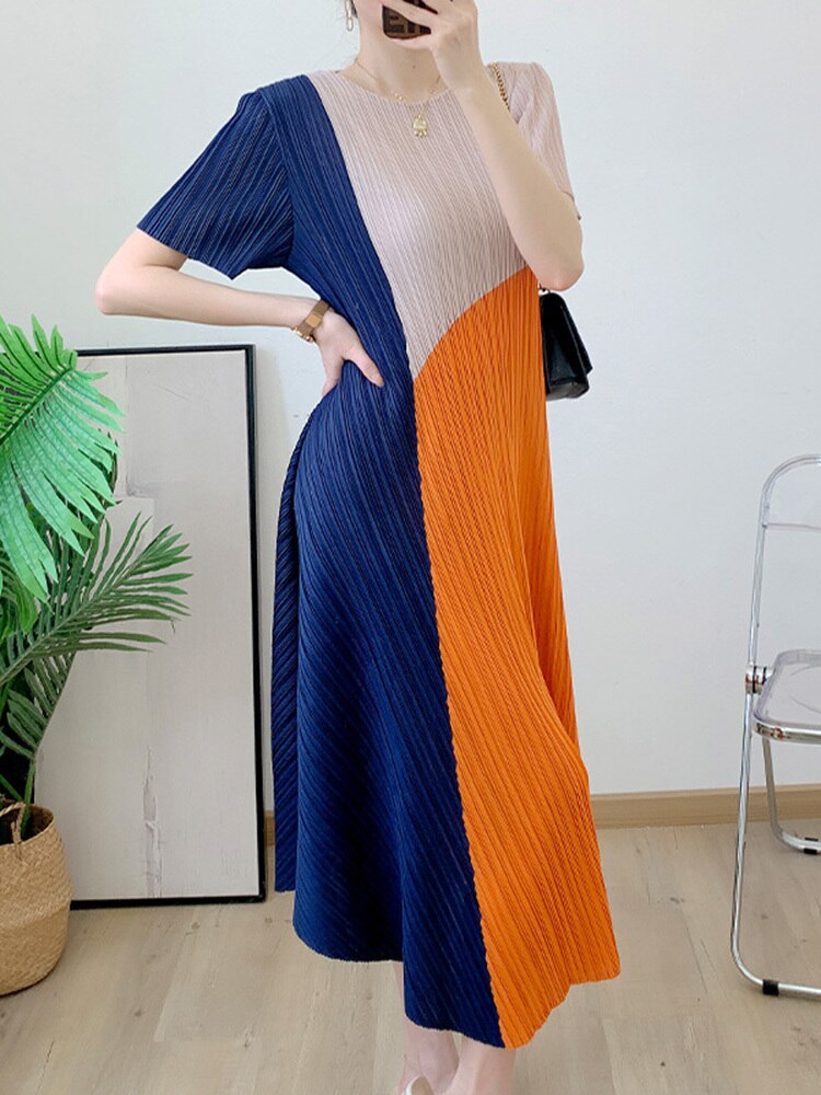Pleated Dress For Women Contact Color Round Neck Short Sleeves A-line Dresses Casual Female Clothing