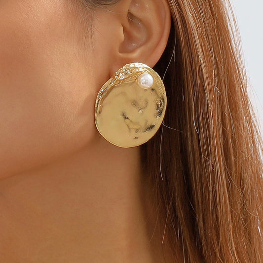 Ingemark Exaggerated Heavy Metal Round Stud Earrings for Women Fashion Statement Punk Gold Color Pearl Earrings Jewelry Gift New