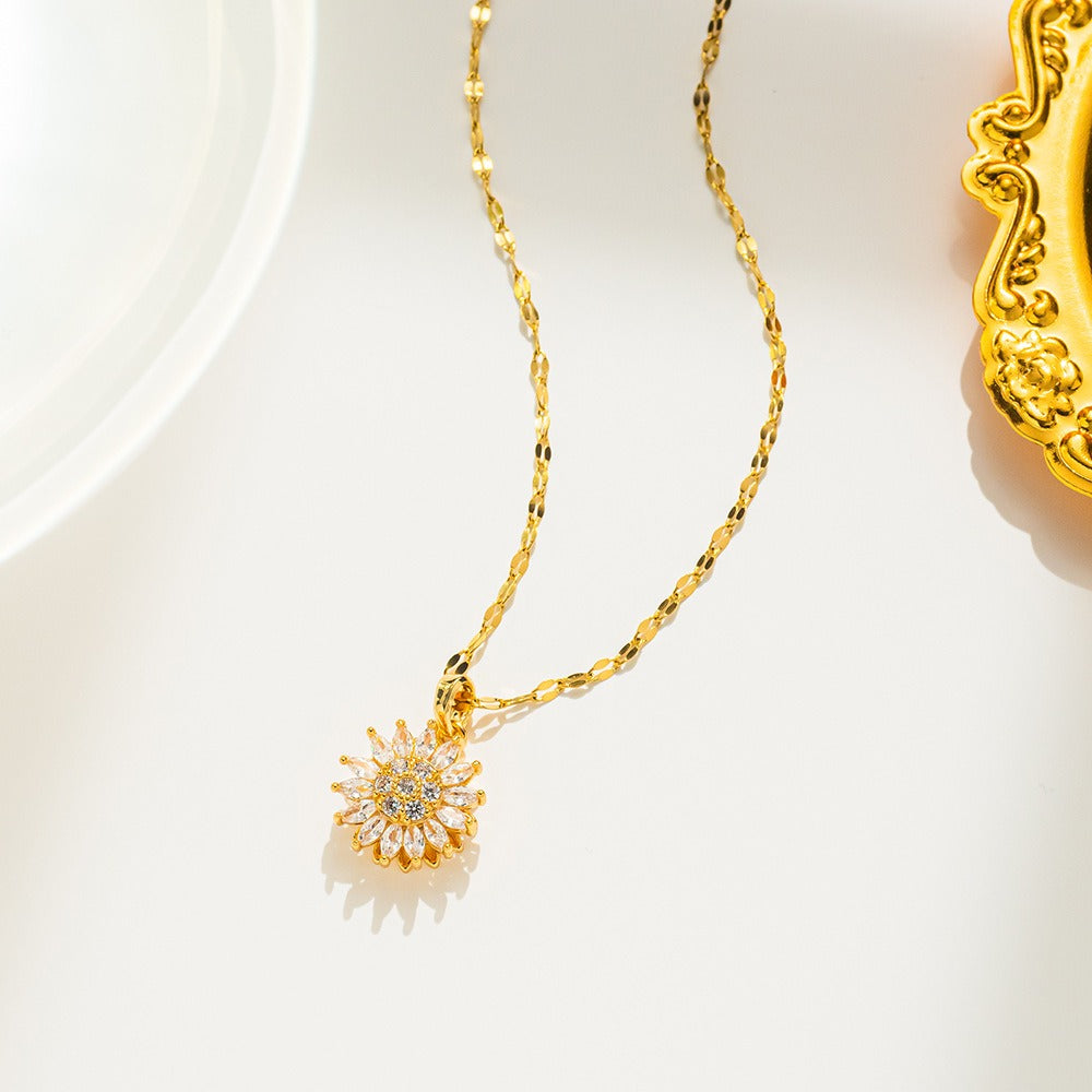 Rotating Sunflower Necklace with Full Diamond Daisy Collar Chain Female