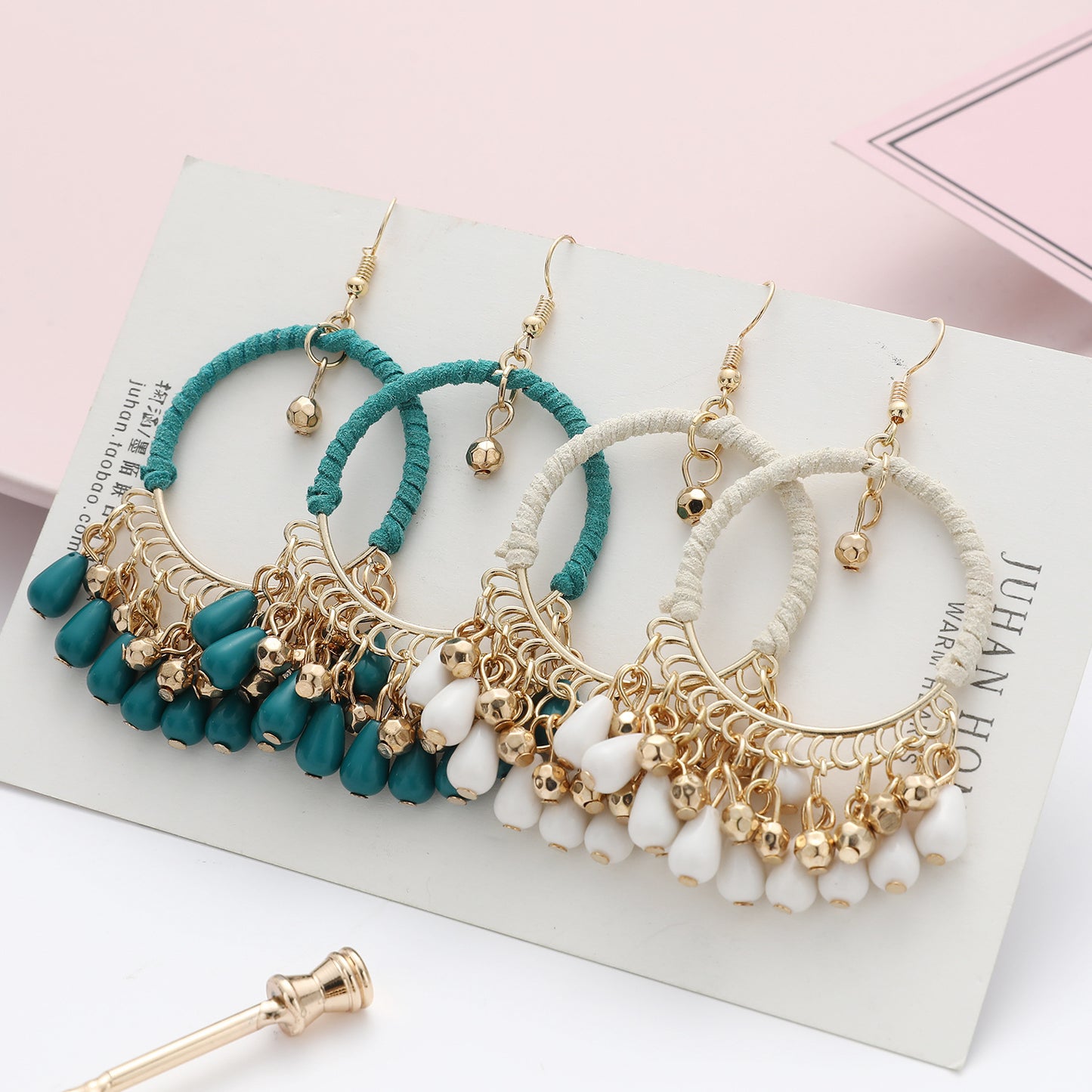 Ethnic Temperament Hand-Woven Earrings Bohemian Retro Round Water Drop Tassel Earrings