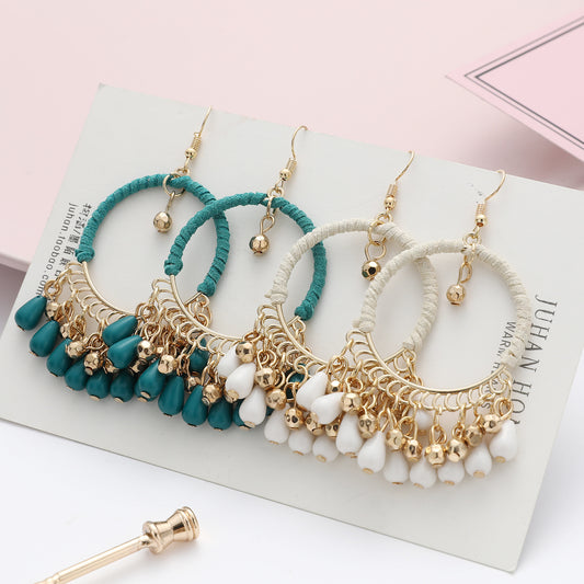 Ethnic Temperament Hand-Woven Earrings Bohemian Retro Round Water Drop Tassel Earrings