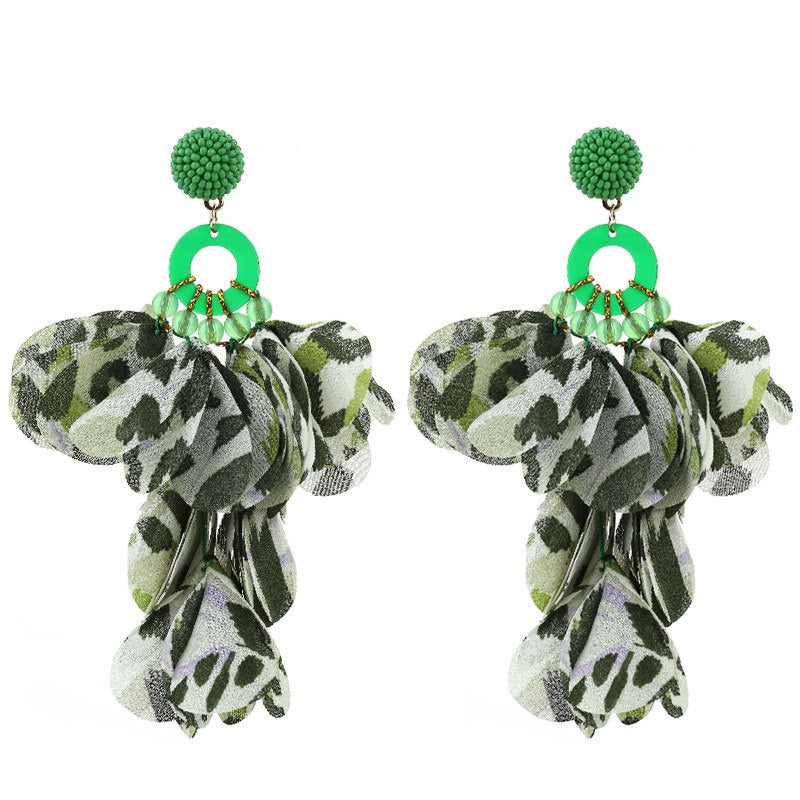 Handmade fabric floral earrings with exaggerated leopard print tassel earrings