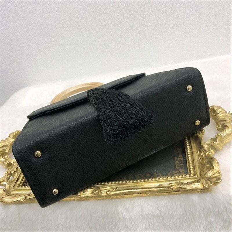 Vintage Tassel Handbag with Wooden Handle Women Black PU Leather Handbags Dinner Clutch Bag for Ladies Tote Bag