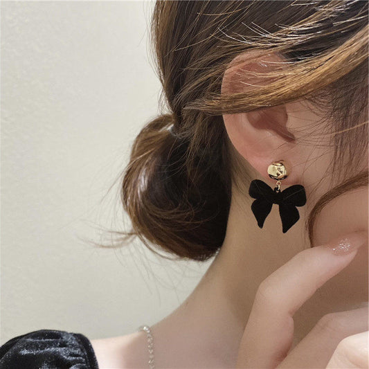 French retro black plush bow earrings female Korean personality all-match simple temperament fashion earrings