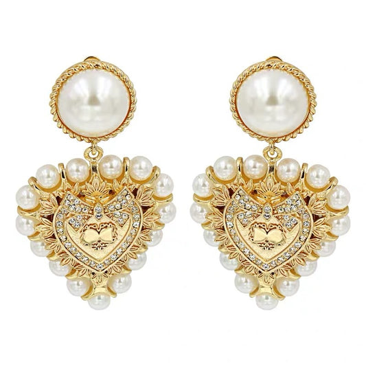 Vintage Baroque Pearl Big Love Heart Drop Earrings Gold Color Metal Geometric For Women Girls Party Travel Jewelry