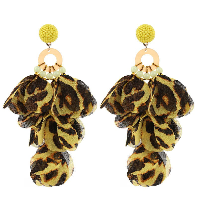 Handmade fabric floral earrings with exaggerated leopard print tassel earrings