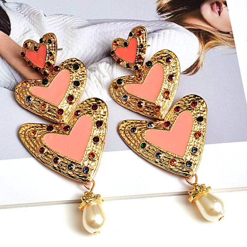 Fashion Earrings Metal Diamond Heart Pearl Earrings Jewelry