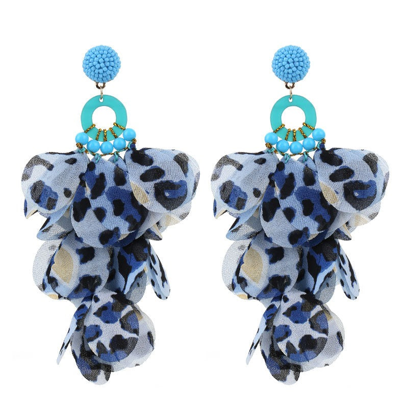 Handmade fabric floral earrings with exaggerated leopard print tassel earrings