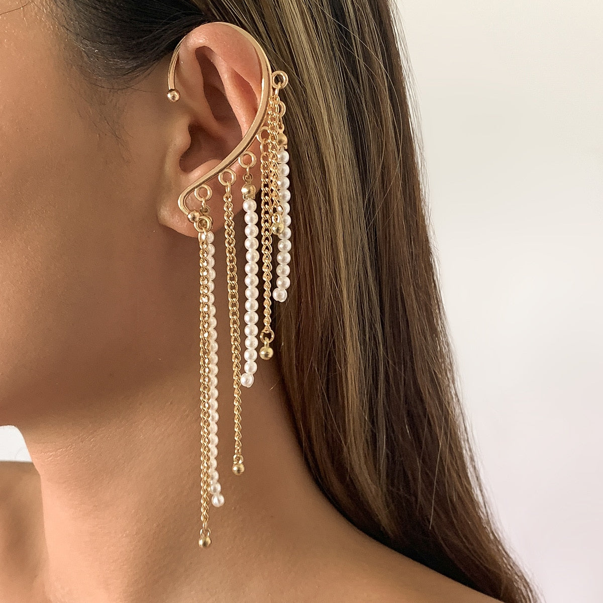 One Piece Korean Long Tassel Earrings Girls No Ear Piercing Full Pearl Big Clip Earrings For Women Gift Jewelry Ear Cuff