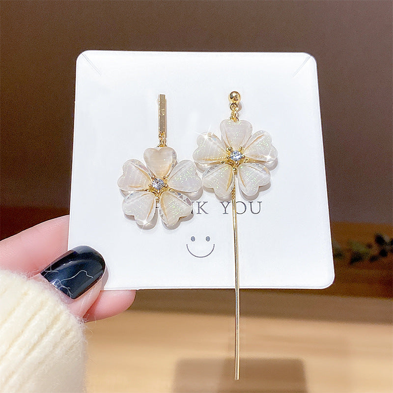 S925 Silver Needle Flower Asymmetric Earrings Women's Fashion Earrings Temperament Long Acrylic Immortal Flower Earrings