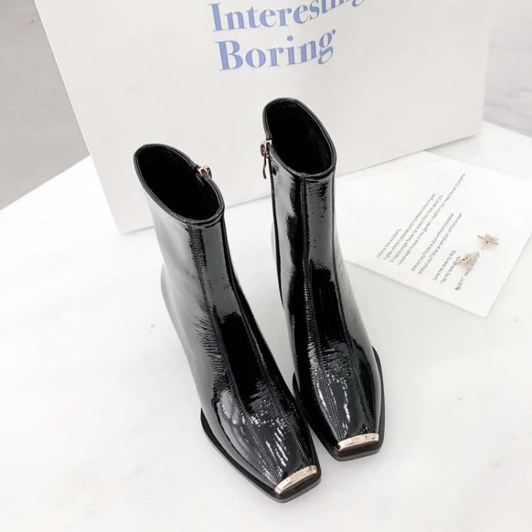 Women New Style Ankle Boots Ladies Square Toe High Heels Side Zipper Black White Thick Heel Patent Leather Winter Booties