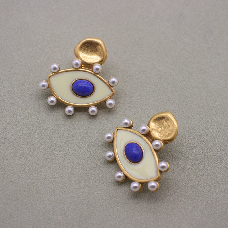 designer Eye enamel stone vintage pearl stud earrings for women new cool girls rock geometry punk piercing
