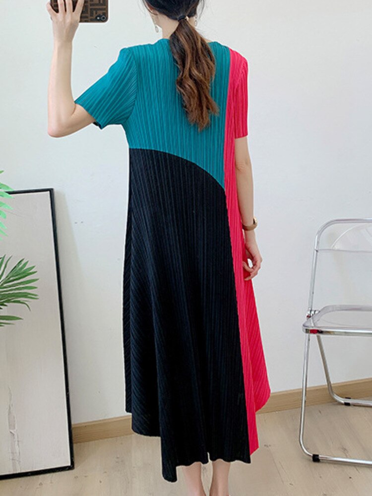 Pleated Dress For Women Contact Color Round Neck Short Sleeves A-line Dresses Casual Female Clothing