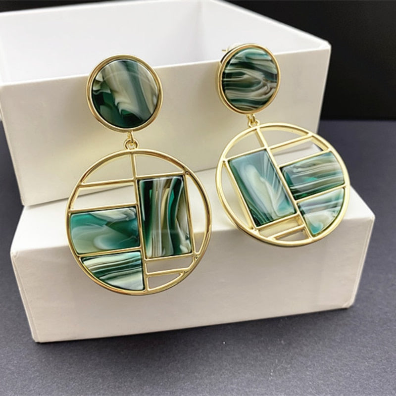High sense of retro green geometric stitching earrings female niche design sense of atmospheric exaggerated earrings new