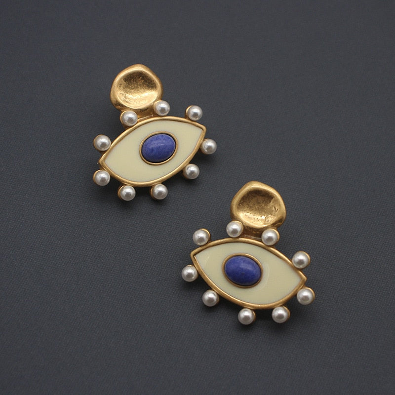 designer Eye enamel stone vintage pearl stud earrings for women new cool girls rock geometry punk piercing