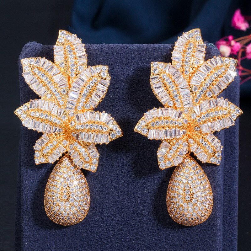 S925 Silver Needle Atmospheric Ladder Cubic Zircon Three-Color Electroplating Earrings Tropical Pineapple Large Earrings